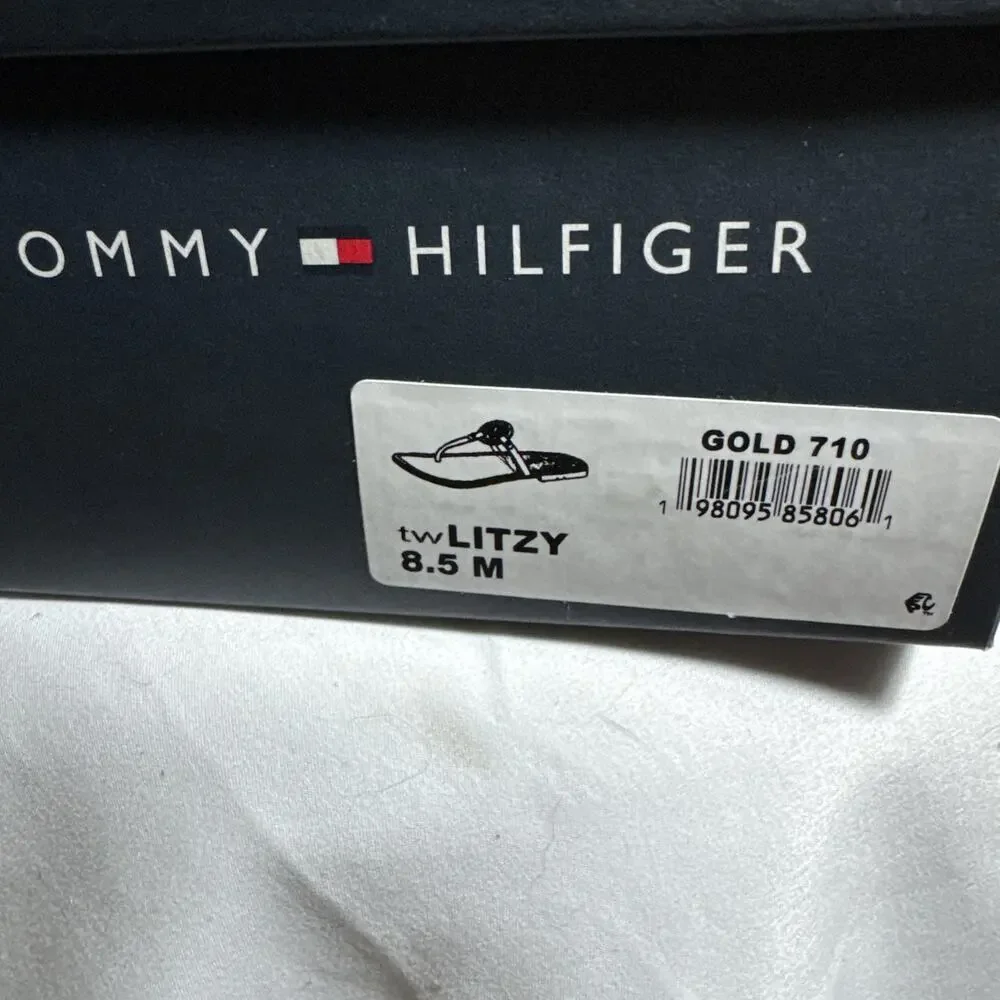 Tommy Hilfiger Women's Litzy Logo T-strap Flat Sandals Gold Size 8.5 NIB NEW